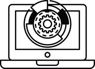 A black and white image of a laptop with a gear on it