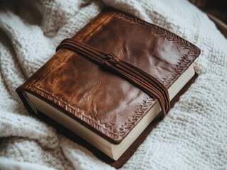 A leather-bound journal with embossed details and rustic edges,