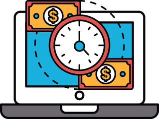 Obraz premium A laptop screen shows a clock with the hands on the numbers 3 and 9