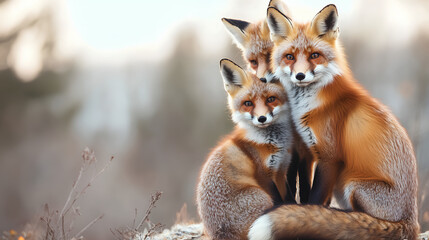 Obraz premium Three foxes sitting together, one of them holding the head of another,