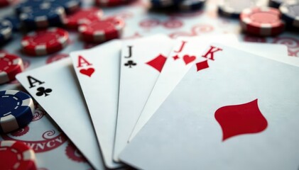 Playing cards arranged in a sequence showing an ace high pattern , background, ace