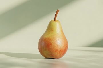 A ripe pear stands alone in front of a soft light backdrop