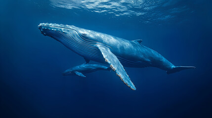 Naklejka premium A mother humpback whale and her calf swimming in the deep blue ocean,