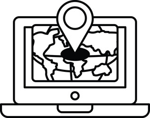 A laptop screen shows a map of the world with a pin on it