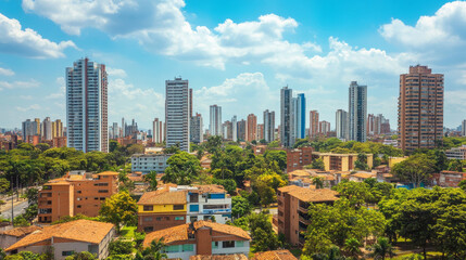 A vibrant urban landscape featuring the northern district of Barranquilla, Colombia, dotted with towering buildings