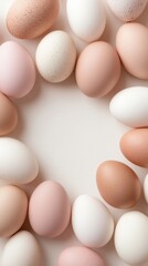 Colorful assortment of eggs arranged in a circle on a neutral surface during the spring season