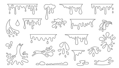 Set of Liquid Drip and Splash Outline vector Icons. Collection of dripping and splashing liquid water, milk, chocolate, blood, paint, ideal for design elements, slime graphics or fluid motion effects