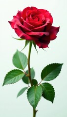 Deep crimson rose, vibrant green foliage, stark white backdrop, nature, flower, detail