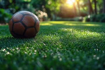 Obraz premium A soccer ball is placed on vibrant green grass, illuminated by golden sunlight filtering through trees