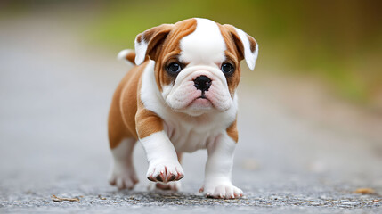 Fototapeta premium Adorable Bulldog Puppy Walking on a Path
