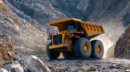 Massive dump truck navigates through a rugged mining site during daytime, showcasing industrial strength and precision Generative AI