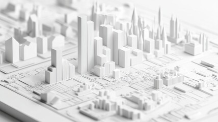 Fototapeta premium A detailed architectural model showcases a cityscape with various building heights and layouts, rendered in a clean white design.