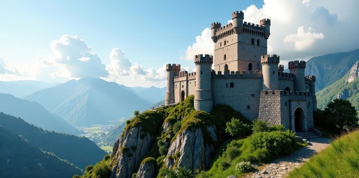 Imposing stone castle, towering turrets, crenellated walls, masonry, walls, grey