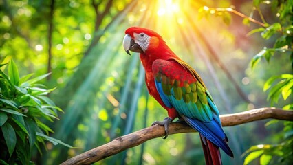 Fototapeta premium Vibrant Scarlet Macaw Perched on a Branch in Lush Tropical Foliage, Bathed in Golden Sunlight