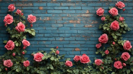  Blooming Pink Roses on a Brick Wall Background