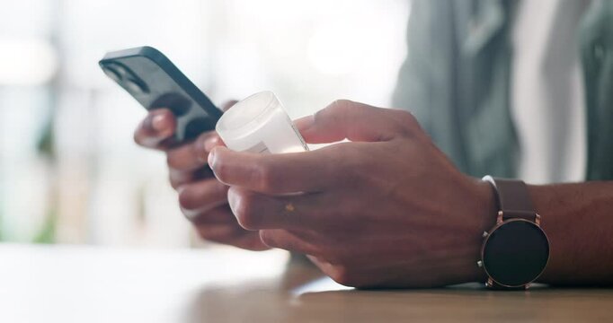 Hands, medication and phone with person in home to research dosage information or side effects. Bottle, healthcare and medical with instructions on chronic medicine container for safety or warning