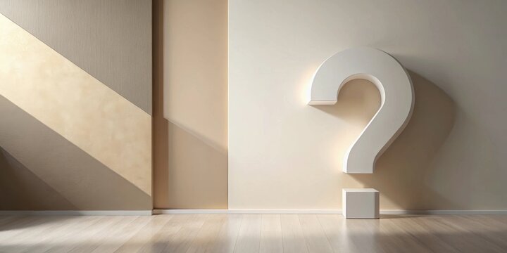 Fototapeta A large question mark stands against a wall with beige and brown panels, a minimalist concept of uncertainty and inquiry in a modern room