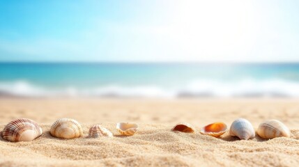 Seashells on beach sand ocean view