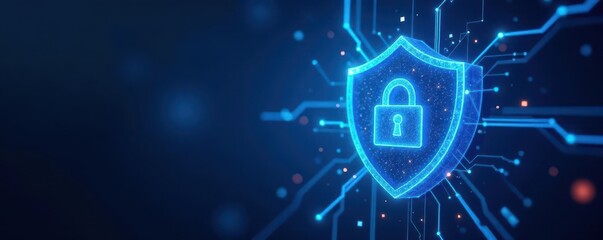 Dynamic blue energy surrounds a glowing security icon , internet, system security, information protection