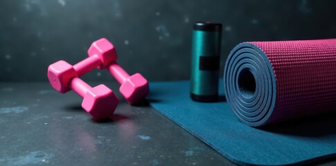 Dumbbells, yoga mat, resistance bands on stone Dark backdrop , muscle, stone, product photography