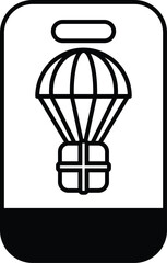A black and white image of a parachute with a box on top of it