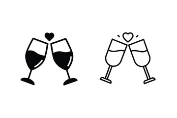 Two Cheers, Wine Glasses, Love, Celebration, Toast, Romance, Heart, Icon, Simple, Design