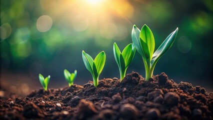 Early morning sunlight illuminates vibrant green seedlings emerging from rich soil, symbolizing growth and new beginnings.
