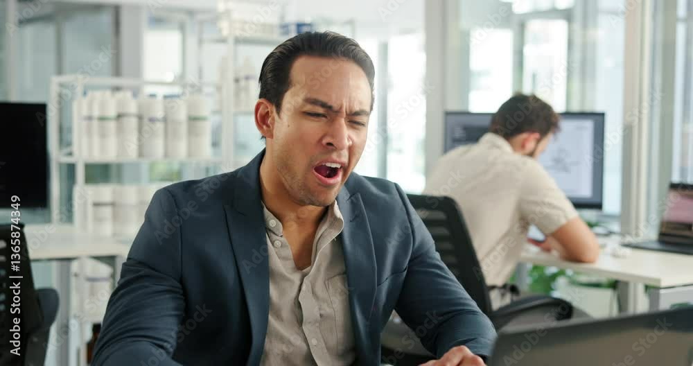 Poster laptop, tired and yawning with business man in office for administration, deadline or report. comput