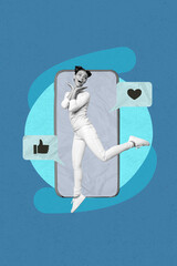 Zine art poster trend collage image of happy girl dance like notification heart icon blogging concept peek phone screen bubble talk