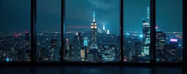 Dark city skyline seen from a highrise's glass wall, ambition, perspective