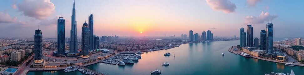 Naklejka premium Dubai Marina skyscrapers, panoramic city view, property, reflecting