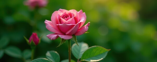 Deep pink rosebud nearing full bloom, nestled amongst vibrant green foliage , foliage, natural, plant