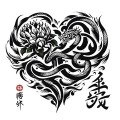 Stylized heart design featuring a dragon intertwined with a lotus flower in a bold black and white aesthetic