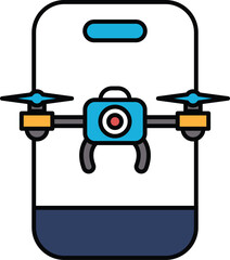 A blue and yellow drone is attached to a white phone