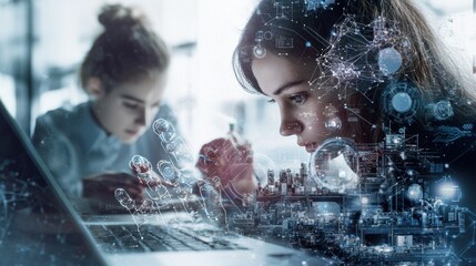 Woman Engaged in Business Model Canvas Analysis While Gazing at Laptop with Urban Cityscape