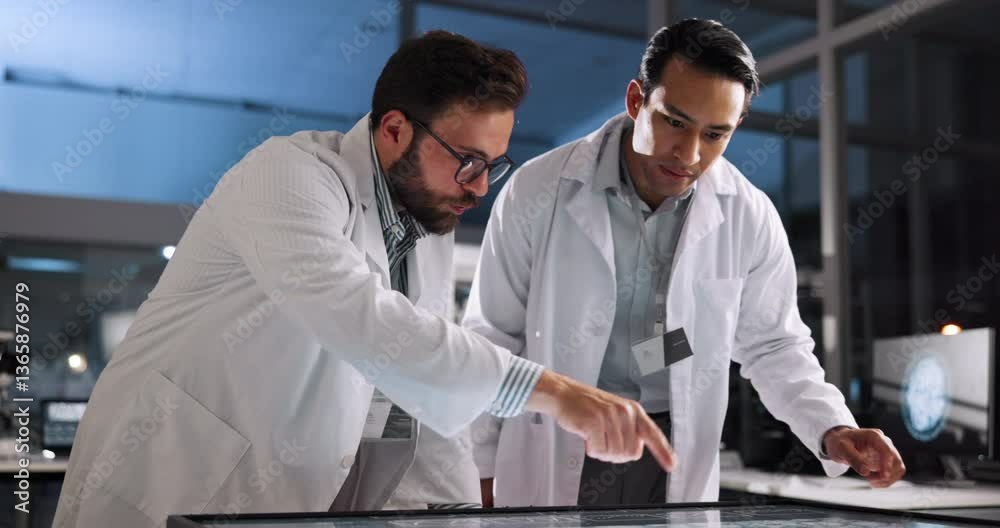 Poster scientist, people and meeting with touchscreen computer for lab review, medical research or innovati
