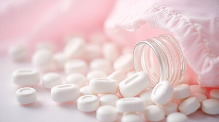 white pills on a pink background close-up view