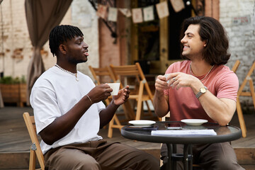 Loving couple enjoys heartfelt moments together at a cozy cafe during a sunny afternoon