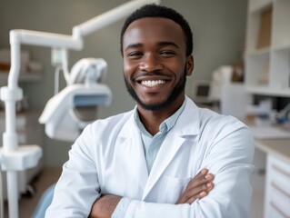 Fototapeta premium Smiling Afro man in a white coat showcases dental professionalism in a clinic setting, radiating warmth and trust