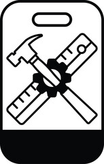 A hammer and a ruler are shown in a black and white image