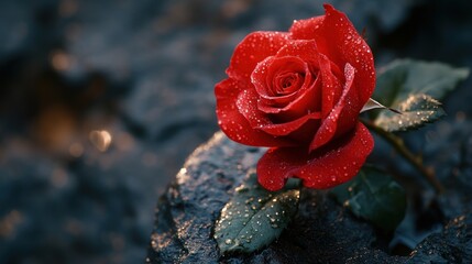 Red rose with water droplets on rock by flowing water