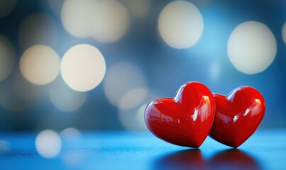 Fototapeta premium Two red hearts with a blue bokeh background, love concept for valentines day, mothers day or valentines celebration