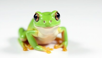 Obraz premium Single vibrant green frog against pure white backdrop, animal, biology