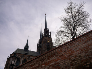 An unusual view of the Cathedral of Saints Peter and Paul in Brno, Czech Republic, with detailed...