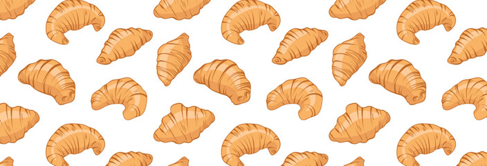 French croissant seamless pattern. Fresh pastry, for menu, cafe, bakery, logo, packaging. Vector sweet food background. Tasty dessert for breakfast.