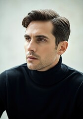 Fototapeta premium Stylish man with a serious expression wearing a black turtleneck sweater