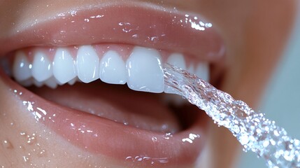 Obraz premium Woman rinsing her perfect white teeth with a water jet
