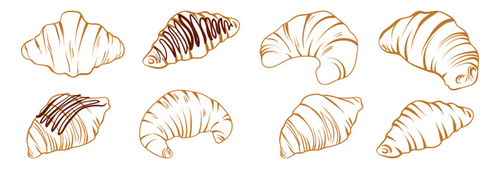 French croissant, hand drawn sketch black ink. Fresh pastry, for menu, cafe, bakery, logo, packaging. Vector set of sweet food. Tasty dessert for breakfast.