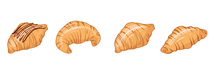 French croissant in flat style. Fresh pastry, for menu, cafe, bakery, logo, packaging. Vector set of sweet food. Tasty dessert for breakfast.
