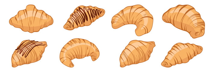 French croissant in flat style. Fresh pastry, for menu, cafe, bakery, logo, packaging. Vector set of sweet food. Tasty dessert for breakfast.